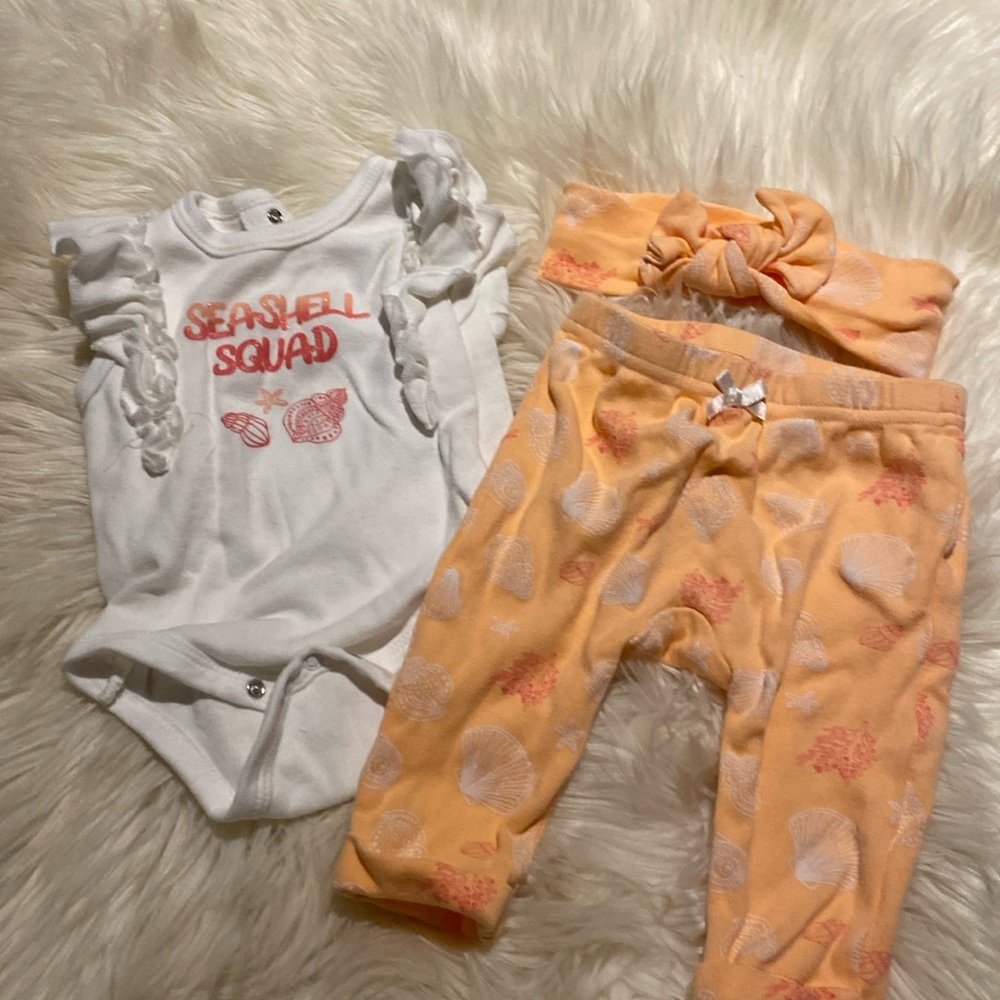 3/25$ Monkey Bars Seashell Squad 3 piece matching set headband onesie and pants